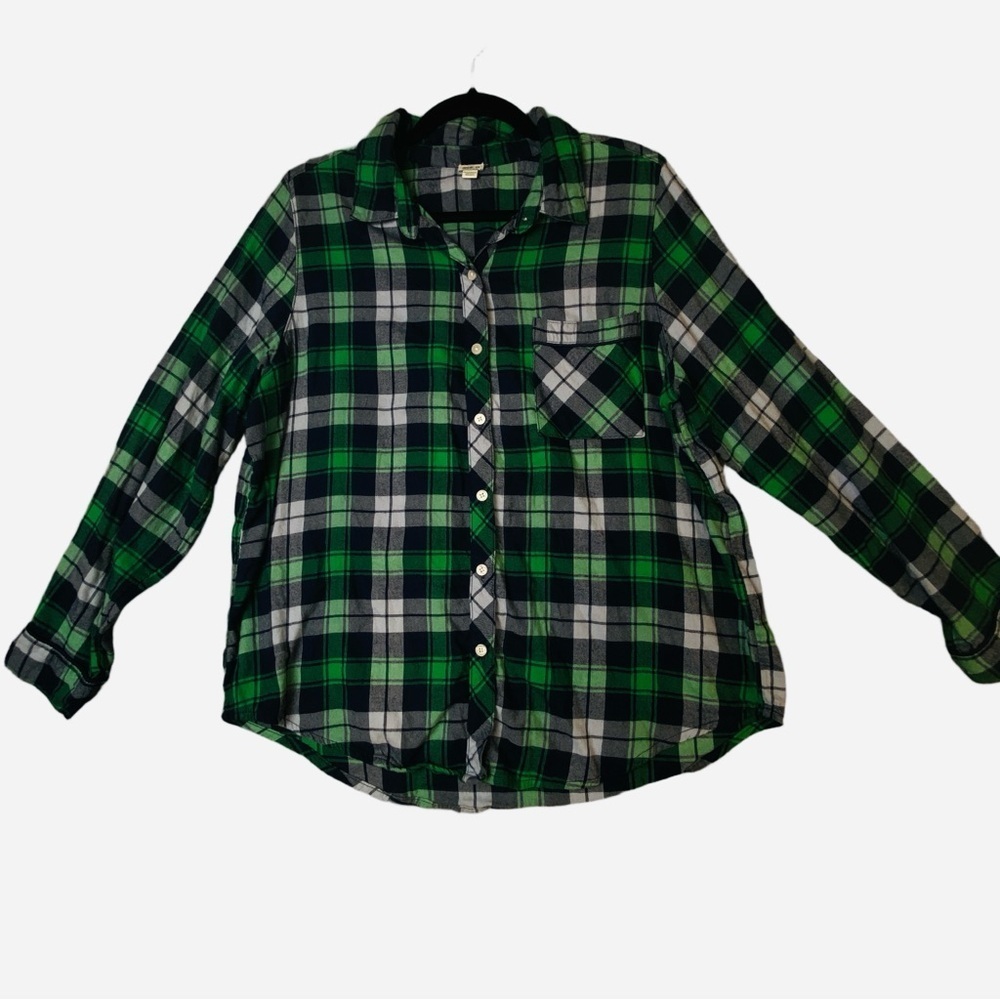 Aerie Cotton Blend Plaid Buttondown Lightweight Shirt Size Medium Green & Blue